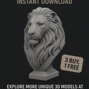 K&ouml;nnte beinhalten: Werbung f&uuml;r eine digitale STL-Datei mit einer grauen L&ouml;wenb&uuml;ste vor schwarzem Hintergrund. Der Text lautet "DIGITAL STL FILE" und "INSTANT DOWNLOAD". Ein Werbeangebot "3 KAUFEN, 1 GRATIS" wird ebenfalls angezeigt. Die Website ist ecraftech.