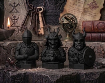 Conjunto de bustos de guerreiro samurai viking medieval, decoração de fantasia, estátua gótica preta impressa em 3D para prateleira, coleção de guerreiros.