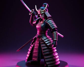 Vrouwelijke samoeraistrijder STL • 3D-afdrukbaar katanajagermodel • Verzamelobject Japans pantser