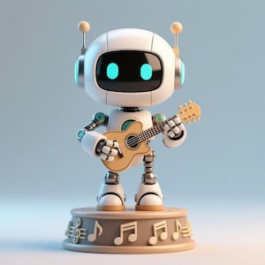 May include: A white robot with a black screen face and teal accents plays a small acoustic guitar. The robot stands on a round platform decorated with musical notes. The robot has two antennas and is made of metal.