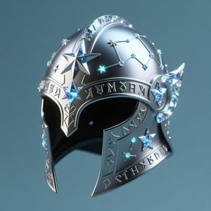 May include: A silver helmet with star and constellation designs, adorned with blue gemstones. The helmet features intricate engravings and a visor opening, set against a teal background. The design evokes a celestial or fantasy theme.
