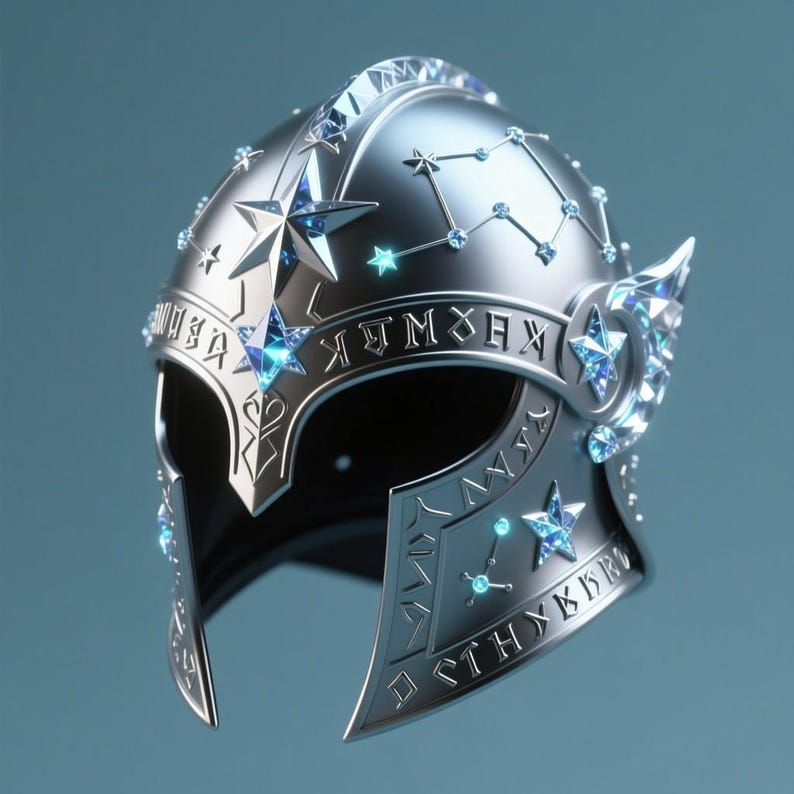 May include: A silver helmet with star and constellation designs, adorned with blue gemstones. The helmet features intricate engravings and a visor opening, set against a teal background. The design evokes a celestial or fantasy theme.