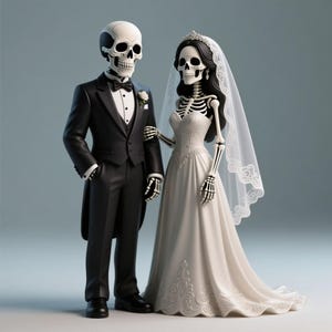 May include: A skeletal bride and groom figurine. The groom wears a black tuxedo with a bow tie and a white rose boutonniere. The bride is in a white wedding dress with a veil and tiara. The figures are posed together.