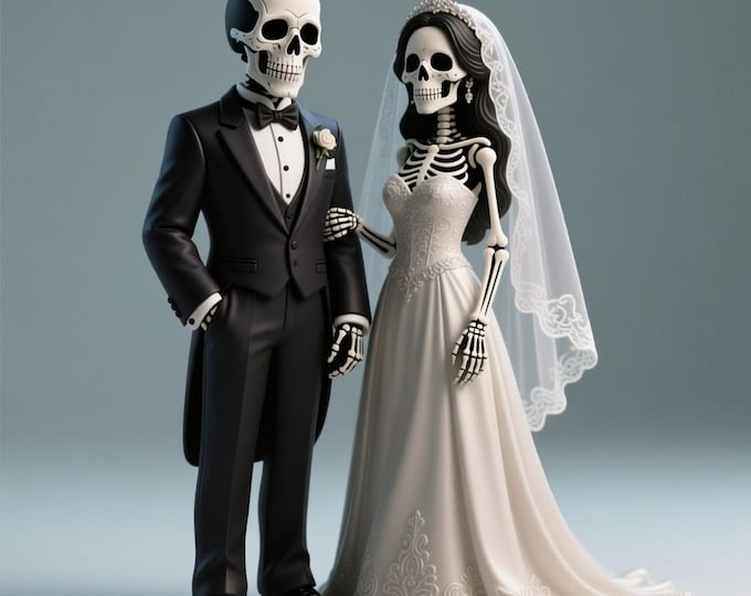 Skeleton Bride and Groom Figurine STL | Gothic Wedding Cake Topper | 3D Printable Halloween Couple