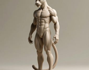May include: A beige-colored sculpture of a muscular humanoid figure with a leopard's head and tail. The figure has defined muscles and sharp claws. The sculpture is standing upright with a neutral background.