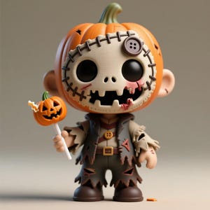 May include: A Halloween-themed figurine featuring a pumpkin head with stitched details and a button eye. The figure wears tattered clothing and holds a pumpkin-shaped lollipop. The color palette includes orange, beige, brown, and black.