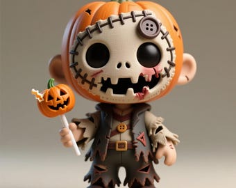 Pode incluir: Uma figura com tema de Halloween com uma cabeça de abóbora, detalhes costurados e um botão como olho. A figura usa roupas esfarrapadas e segura um pirulito em forma de abóbora. A paleta de cores inclui laranja, bege, castanho e preto.