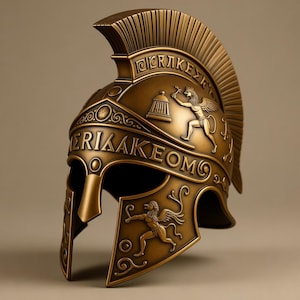 May include: A bronze-colored Spartan helmet with intricate detailing. The helmet features a crest, cheek guards, and embossed Greek lettering and imagery of winged figures. The overall design suggests a historical or mythological theme.