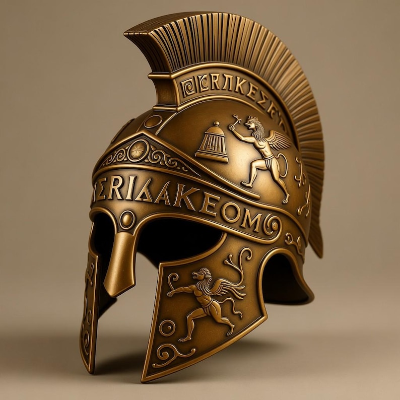 May include: A bronze-colored Spartan helmet with intricate detailing. The helmet features a crest, cheek guards, and embossed Greek lettering and imagery of winged figures. The overall design suggests a historical or mythological theme.