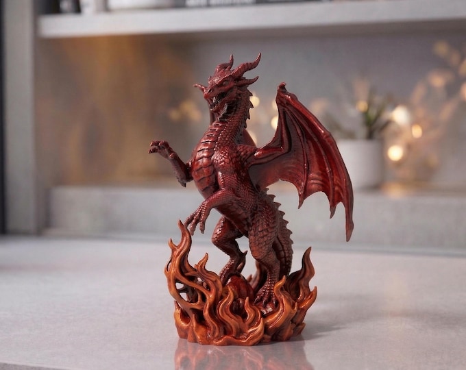 Red Dragon Statue with Flames, 3D Printed Fantasy Desk Decor, Gothic Sculpture