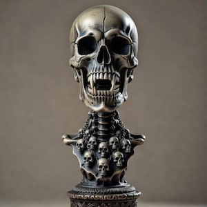 May include: A bronze-colored skull bust with a detailed design. The skull has visible teeth and a crack on top. A necklace of small skulls adorns the bust, which sits on a decorative base. The bust is a gothic-themed decorative item.