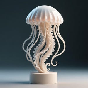 Pode incluir: Uma escultura de água-viva branca e estilizada, com um topo arredondado e tentáculos fluidos. A escultura é montada numa base circular. A água-viva tem um design detalhado e texturizado sobre um fundo escuro.