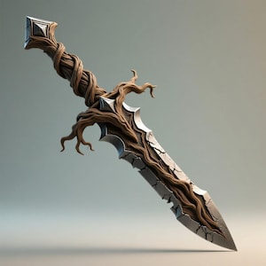 May include: A fantasy sword with a detailed design. The hilt is wrapped in a brown, twisted, tree-like pattern, and the blade is silver with a cracked texture. The crossguard features a similar tree-like design.