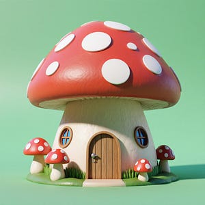 Op de afbeelding: Een fantasierijk paddenstoelenhuis met een rode hoed met witte stippen. De stam is crèmekleurig, met een houten deur en ronde ramen. Kleine paddenstoelen met rode hoeden en witte stippen omringen de basis, tegen een groene achtergrond.