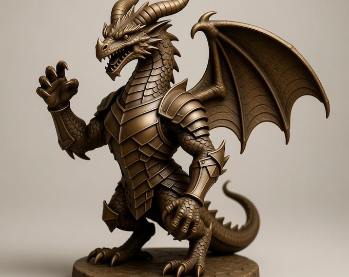 Armored Bronze Dragon Statue: Fantasy 3D Printable Figurine (STL)