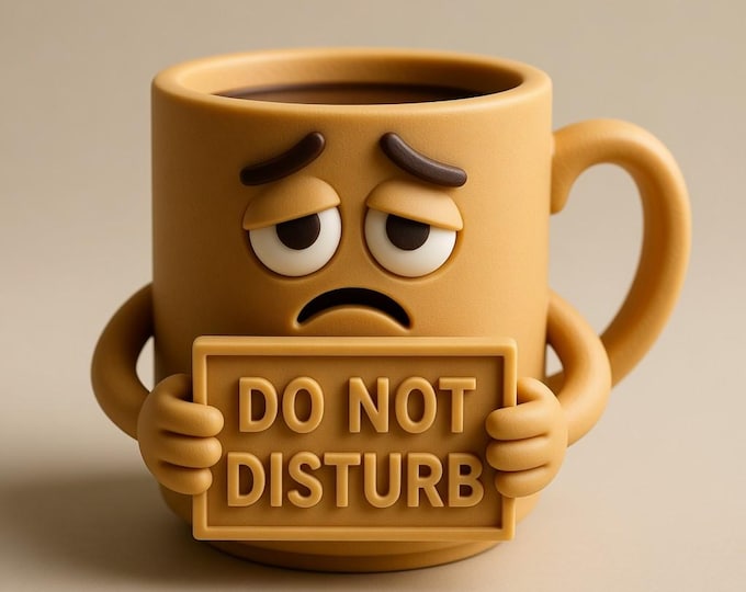 3D Printable Funny Coffee Mug STL File • Cartoon "Do Not Disturb" Cup (Digital Model)