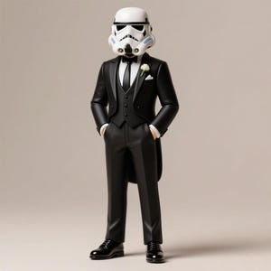 May include: A figurine of a Stormtrooper wearing a black tuxedo with a white flower boutonniere. The Stormtrooper helmet is white with black and blue details. The figure is standing with hands in pockets, wearing black dress shoes.