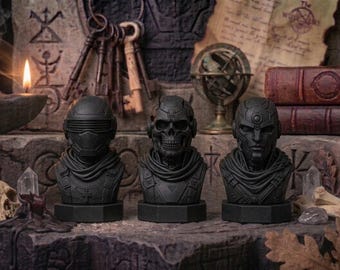 Conjunto de busto de crânio de robô cyberpunk, decoração futurista de androide, estátua de ficção científica, decoração de prateleira impressa em 3D preta