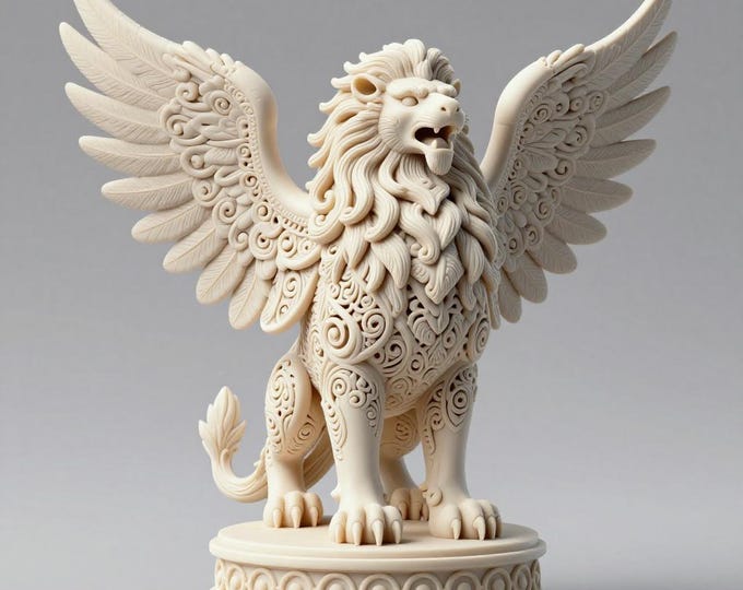 Winged Lion Statue STL File | Ornate Fantasy Guardian Figurine | Single-Piece One-Color 3D Print Model
