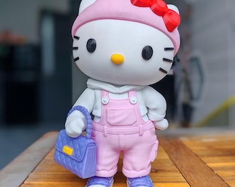 Figura fofa de menina-gato, com roupa rosa, colecionável em estilo kawaii impressa em 3D, ideal para decoração de mesa.