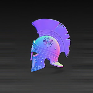 May include: A 3D-rendered, stylized helmet in shades of purple, blue, and green. The helmet features a sunburst design on the front and a feathered crest. The background is a dark gray with horizontal lines.