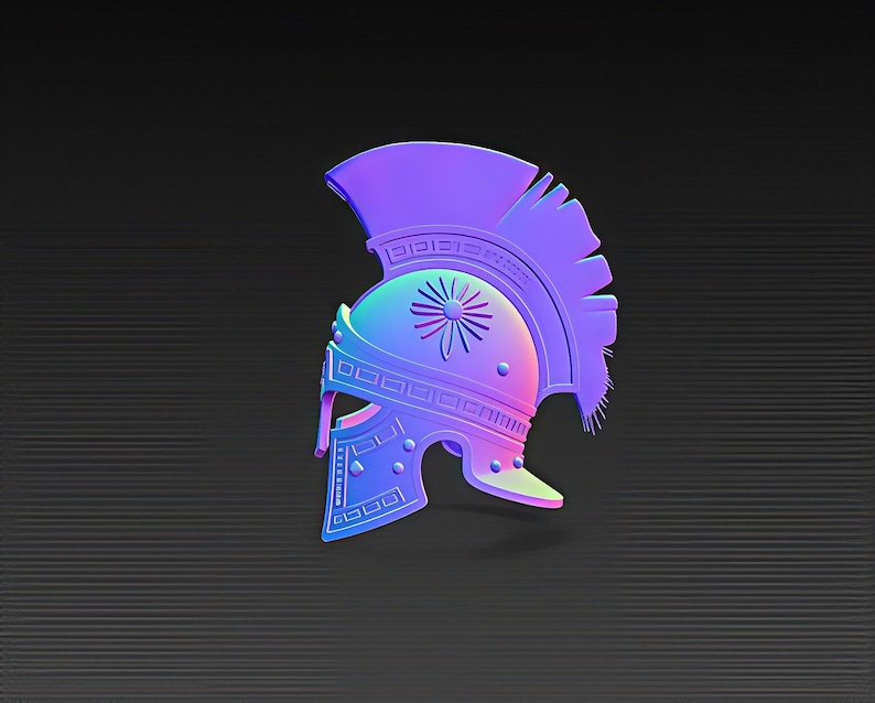May include: A 3D-rendered, stylized helmet in shades of purple, blue, and green. The helmet features a sunburst design on the front and a feathered crest. The background is a dark gray with horizontal lines.