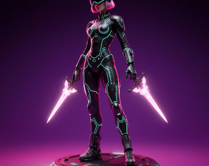 Cyberpunk Female Warrior STL • 3D Printable Futuristic Sci-Fi Fighter Model with Neon Swords