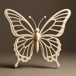 May include: A cream-coloured butterfly sculpture with detailed, openwork wings. The butterfly has a detailed body and antennae, set against a neutral background. The sculpture is a decorative item.