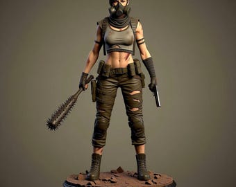 May include: A detailed figurine of a woman in post-apocalyptic attire. She wears a gas mask, a tank top, and ripped pants. She holds a spiked club in one hand and a pistol in the other. The figure stands on a circular base with a distressed, brown surface.