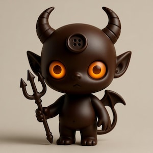May include: A dark brown figurine of a devil-like creature with large orange eyes, horns, and a trident. The figure has a button for a third eye and small bat wings. The overall design is cartoonish and stylized.