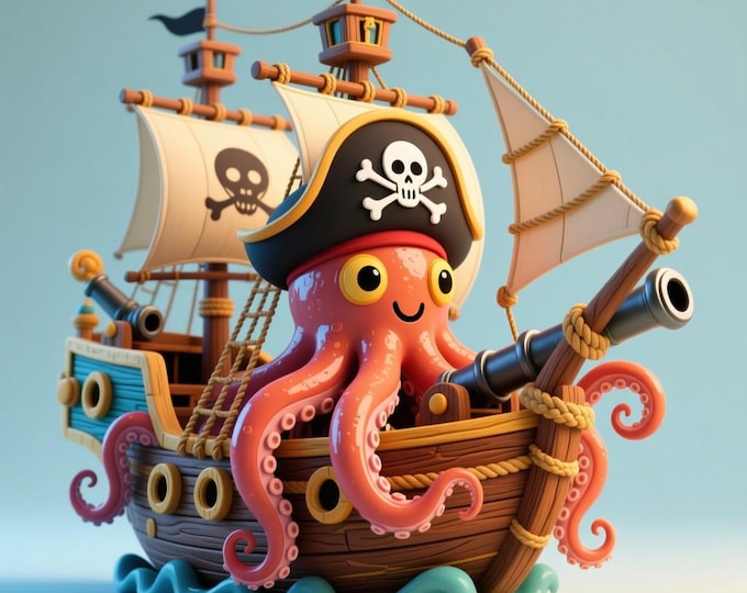 Pirate Octopus Ship 3D Print Model | Cartoon Sea Creature STL File (Digital Download)