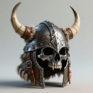 May include: A detailed Viking helmet with a skull face design. The helmet features large, curved horns, brown leather accents, and faux fur trim. The metal has a distressed, aged appearance, with visible rivets and cracks.