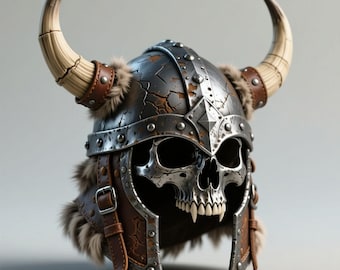 May include: A detailed Viking helmet with a skull face design. The helmet features large, curved horns, brown leather accents, and faux fur trim. The metal has a distressed, aged appearance, with visible rivets and cracks.