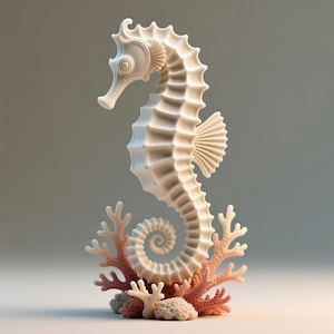 May include: A detailed, off-white seahorse sculpture with a curled tail, set against a neutral background. The seahorse is perched atop coral in shades of pink and white, creating a marine-themed decorative piece.