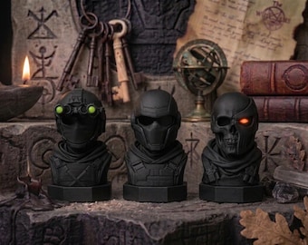Conjunto de busto de crânio tático, capacete futurista de soldado cibernético, decoração de ficção científica gótica, estátua preta impressa em 3D para mesa ou prateleira.