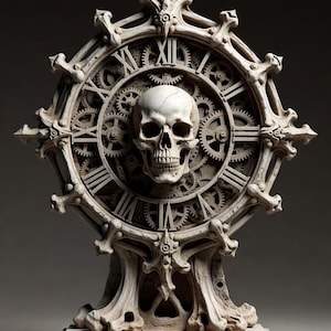 Puede incluir: Una escultura de reloj gótico con una calavera en el centro. La esfera del reloj tiene números romanos y engranajes visibles. La escultura es de color gris claro y se asienta sobre una base rectangular, mostrando una estética detallada y envejecida.