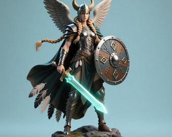 May include: A detailed figurine of a winged warrior, clad in silver and bronze armor, holding a glowing sword and a round shield. The figure has long blonde braids, a helmet with horns, and is standing on a base with runes. The color palette includes teal, silver, and bronze.
