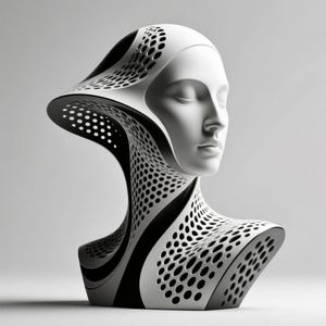May include: A white sculpture of a female bust with a modern design. The sculpture features a head and neck with a layered, perforated design in black and white. The face has closed eyes and a serene expression. The overall aesthetic is futuristic and artistic.