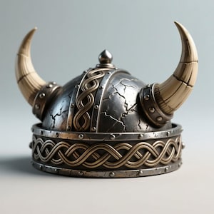May include: A detailed Viking helmet made of metal, with two large, curved, cream-coloured horns. The helmet has intricate gold-coloured Celtic knotwork and rivets, with a weathered, cracked appearance. The design evokes historical craftsmanship.