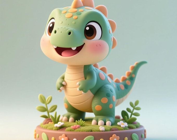 Chibi Dinosaur Figurine STL File | 3D Printable Baby Dino on Flower Base