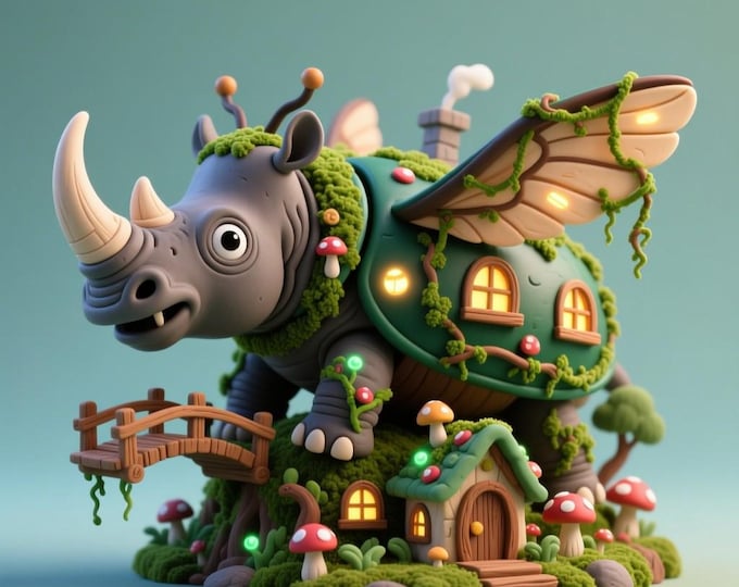 Whimsical Rhino Cottage STL – Fantasy Winged Rhino House Model for 3D Printing, Cute Fairytale Decor