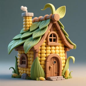 Op de afbeelding: Een grillig miniatuurhuis gemaakt van maïskorrels, met een groen bladerdak en een rokende schoorsteen. Het huis heeft een houten deur, ramen en decoratieve maïskolven, wat een sprookjesachtige esthetiek creëert.