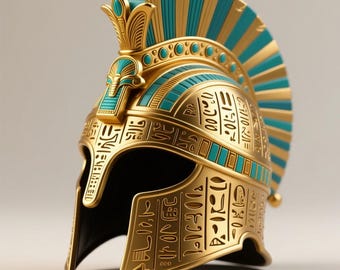 Puede incluir: Un casco dorado con detalles turquesa y oro, con inscripciones jeroglíficas. El casco tiene una cresta y elementos decorativos, que recuerdan el diseño del antiguo Egipto. Es un objeto decorativo.
