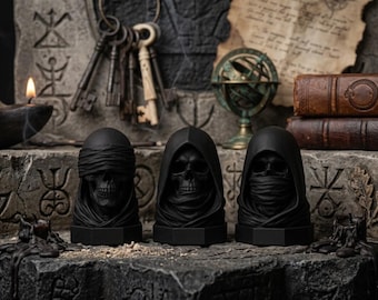 Conjunto de busto de caveira encapuzada escura, decoração gótica minimalista, estátua preta, ornamento de terror para prateleira, decoração de mesa impressa em 3D.