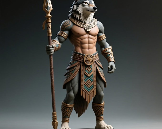 Wolf Warrior Statue STL File: 3D Printable Mythical Wolfman with Spear
