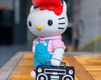 Figura fofa de gato DJ, personagem de desenho animado estilo urbano, estatueta musical kawaii impressa em 3D, presente colecionável para decoração de mesa.