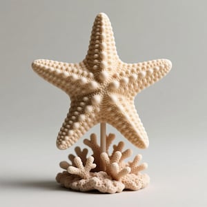 Peut inclure: Une sculpture d'étoile de mer crème avec une surface texturée, montée sur une base de corail. L'étoile de mer a cinq pointes et est soutenue par une fine tige verticale. La base de corail est détaillée avec de multiples branches et une surface texturée.