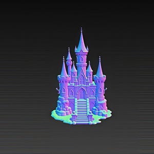 K&ouml;nnte beinhalten: Ein 3D-gerendertes Schloss in Lila-, Blau- und Gr&uuml;nt&ouml;nen, vor einem dunkelgrauen Hintergrund. Das Schloss verf&uuml;gt &uuml;ber mehrere T&uuml;rme, einen zentralen Turm und eine Treppe zum Eingang. Das Gesamtdesign hat ein skurriles, Fantasy-Thema.