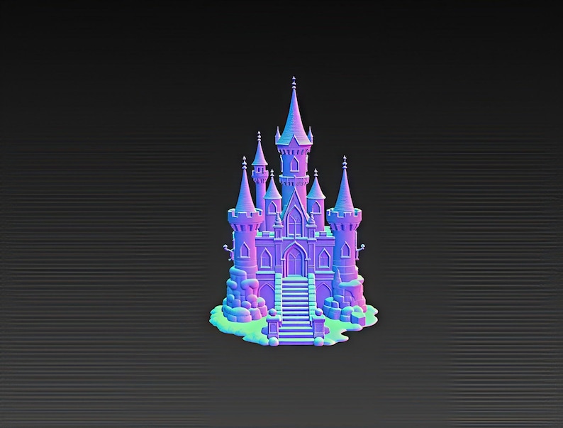 K&ouml;nnte beinhalten: Ein 3D-gerendertes Schloss in Lila-, Blau- und Gr&uuml;nt&ouml;nen, vor einem dunkelgrauen Hintergrund. Das Schloss verf&uuml;gt &uuml;ber mehrere T&uuml;rme, einen zentralen Turm und eine Treppe zum Eingang. Das Gesamtdesign hat ein skurriles, Fantasy-Thema.