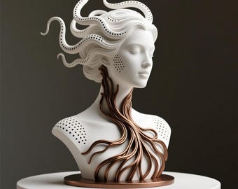 May include: A white bust sculpture of a woman with closed eyes, featuring flowing hair with tentacle-like extensions. The sculpture has a bronze-colored, root-like design on the neck and chest, and is displayed on a white pedestal.
